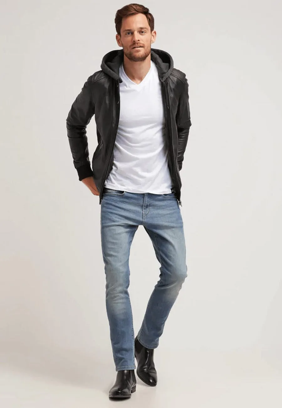 Men's Black Leather Hooded Bomber Jacket