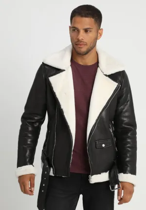 Men's Black Leather White Shearling Biker Jacket