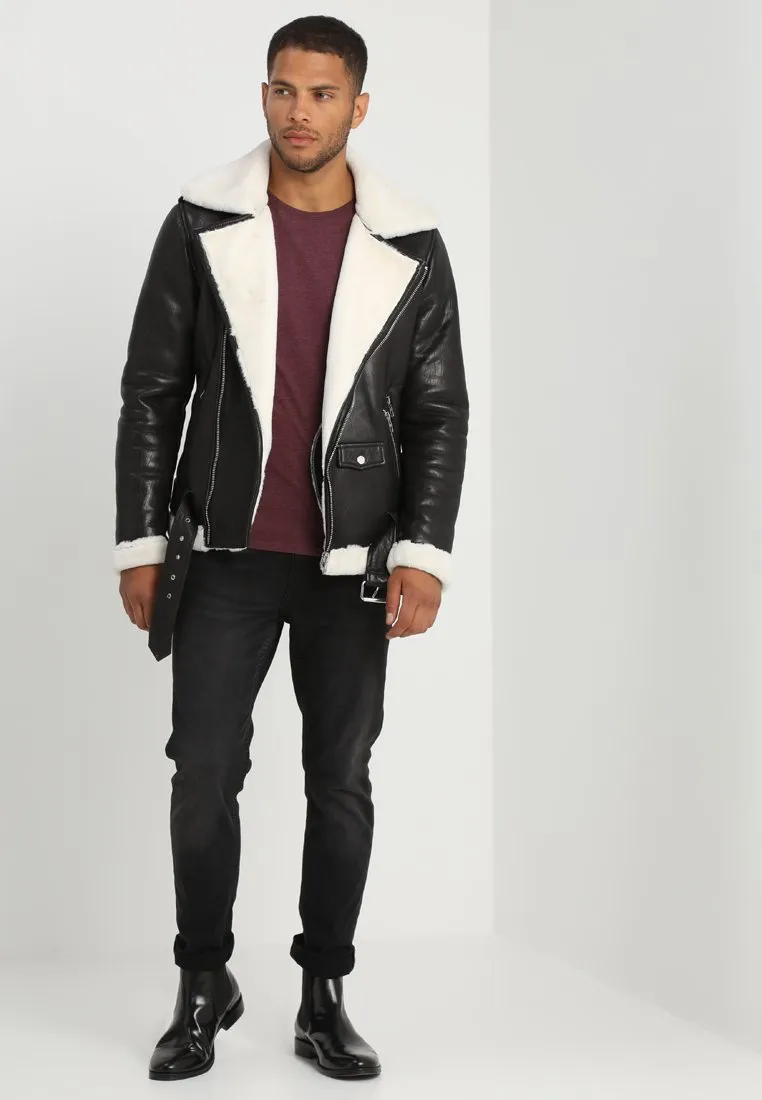 Men's Black Leather White Shearling Biker Jacket