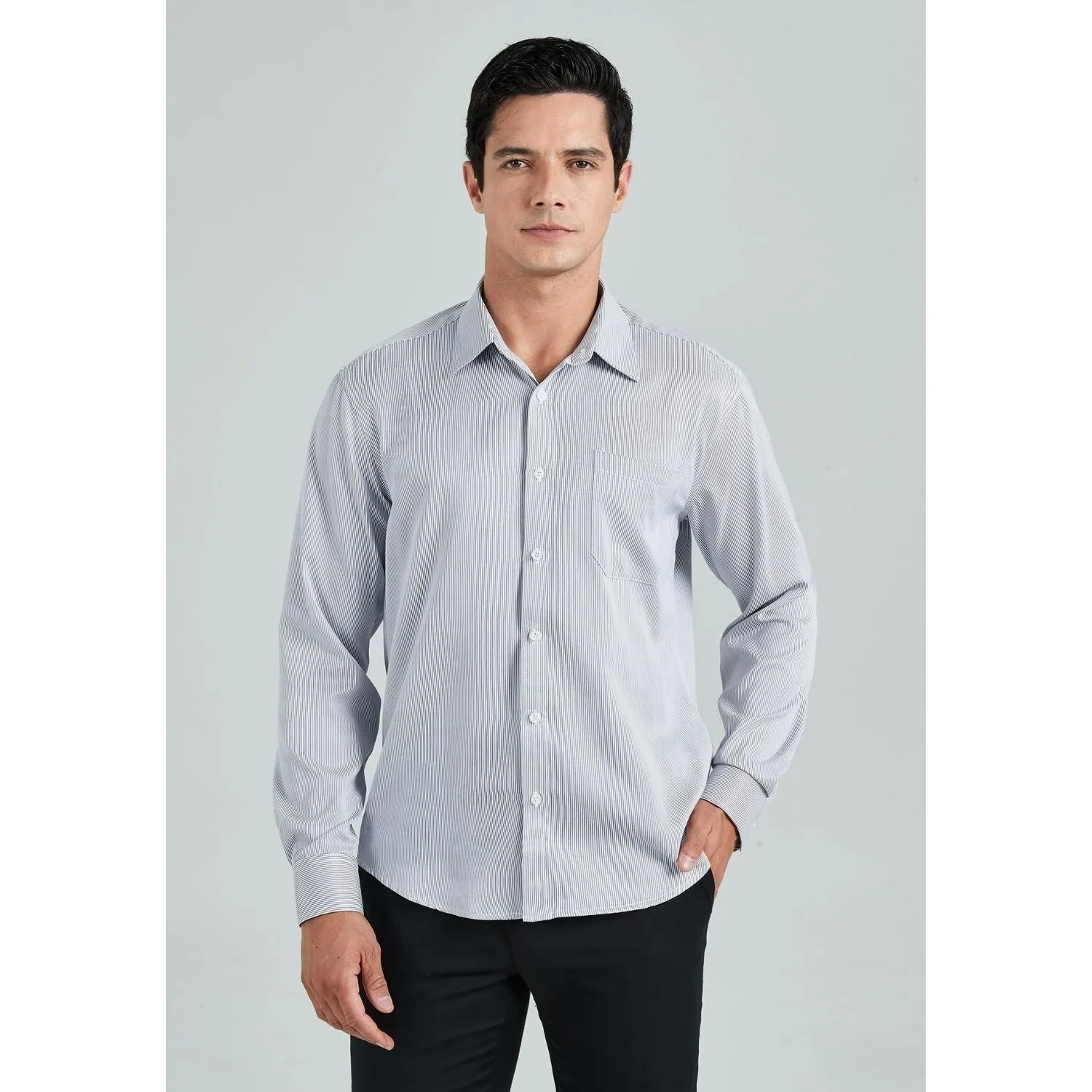 Men's Casual Long Sleeve Striped Shirt - GREY