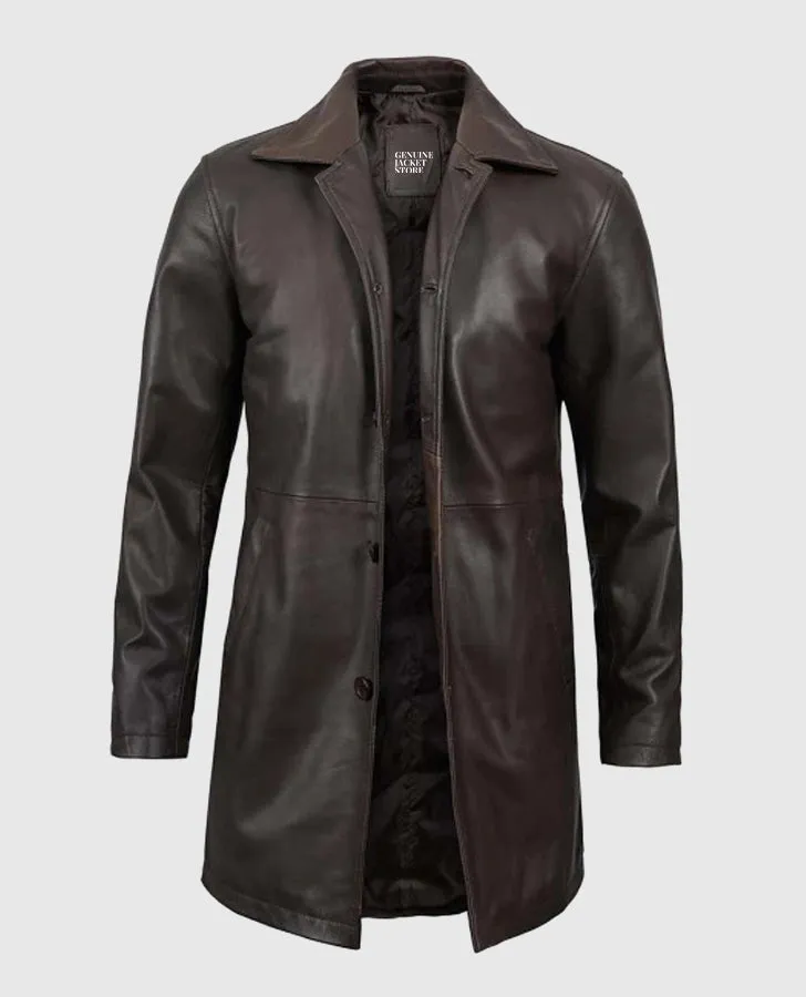 Men's Distressed Dark Brown Leather Coat