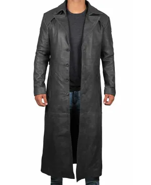 Mens Leather Black Winter Trench Coat - Full Length Overcoat