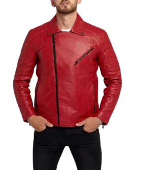 Mens Red Leather Biker Jacket