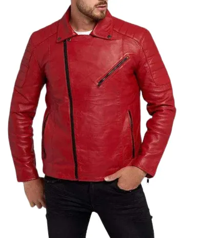 Mens Red Leather Biker Jacket