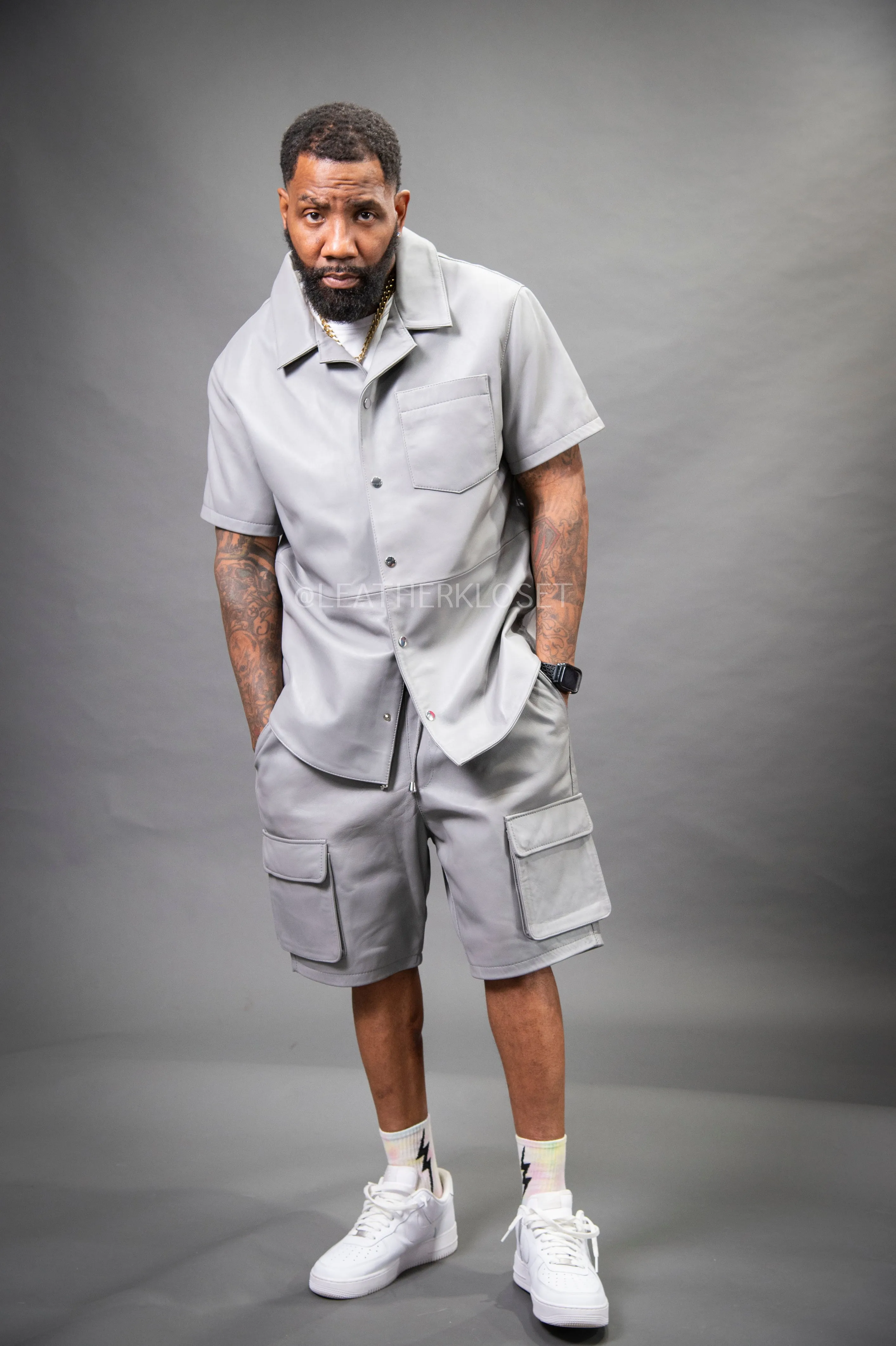 Men's Summer In Miami Leather Shirt And Cargo Shorts Set [Grey]