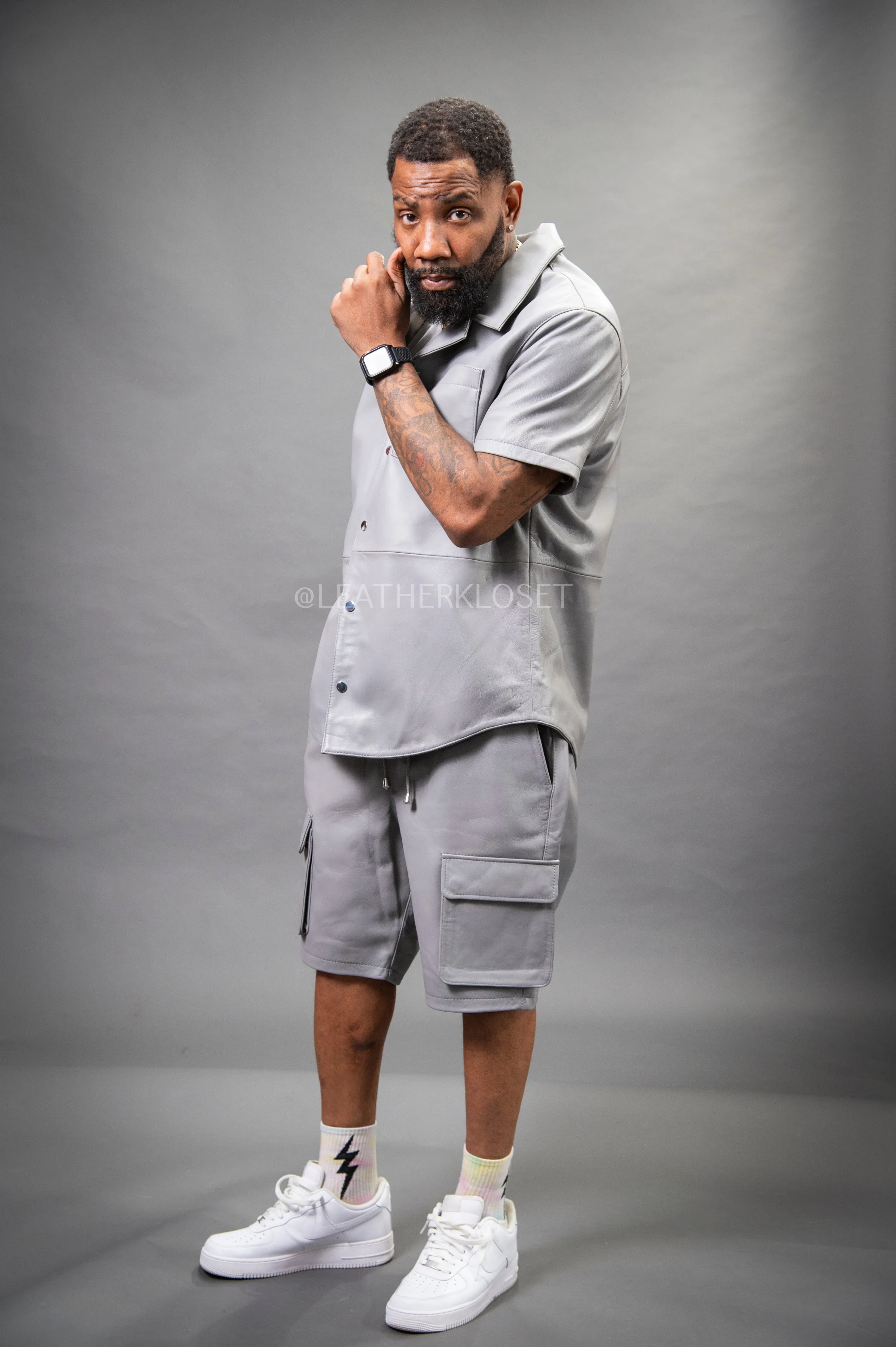 Men's Summer In Miami Leather Shirt And Cargo Shorts Set [Grey]