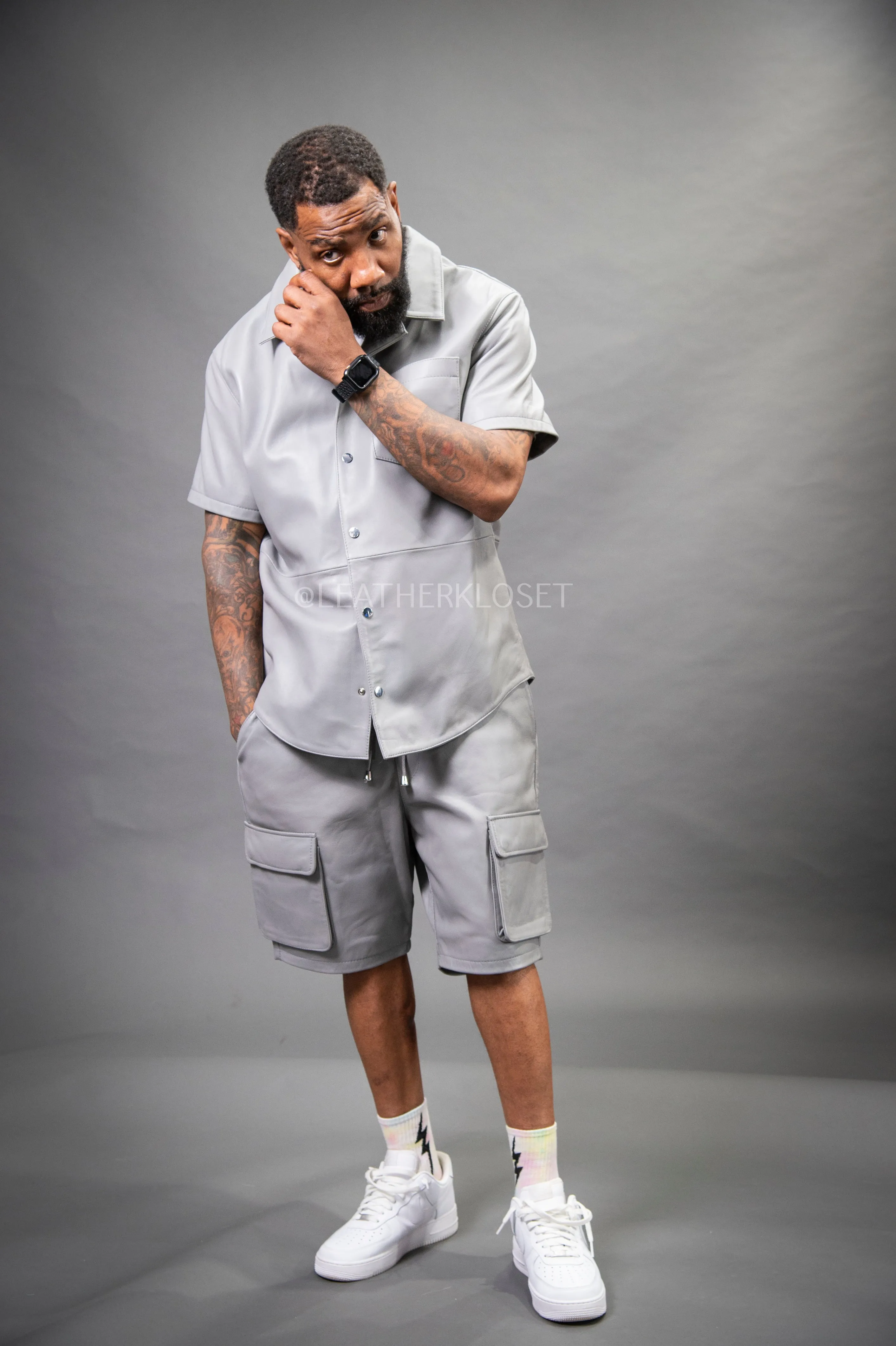 Men's Summer In Miami Leather Shirt And Cargo Shorts Set [Grey]