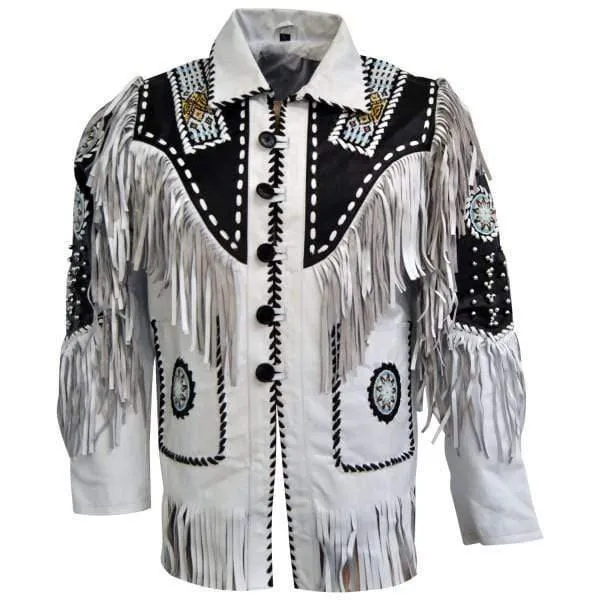 Men's White Black Suede Western Fringe Jacket Cow Hide Stylish Suede Jacket