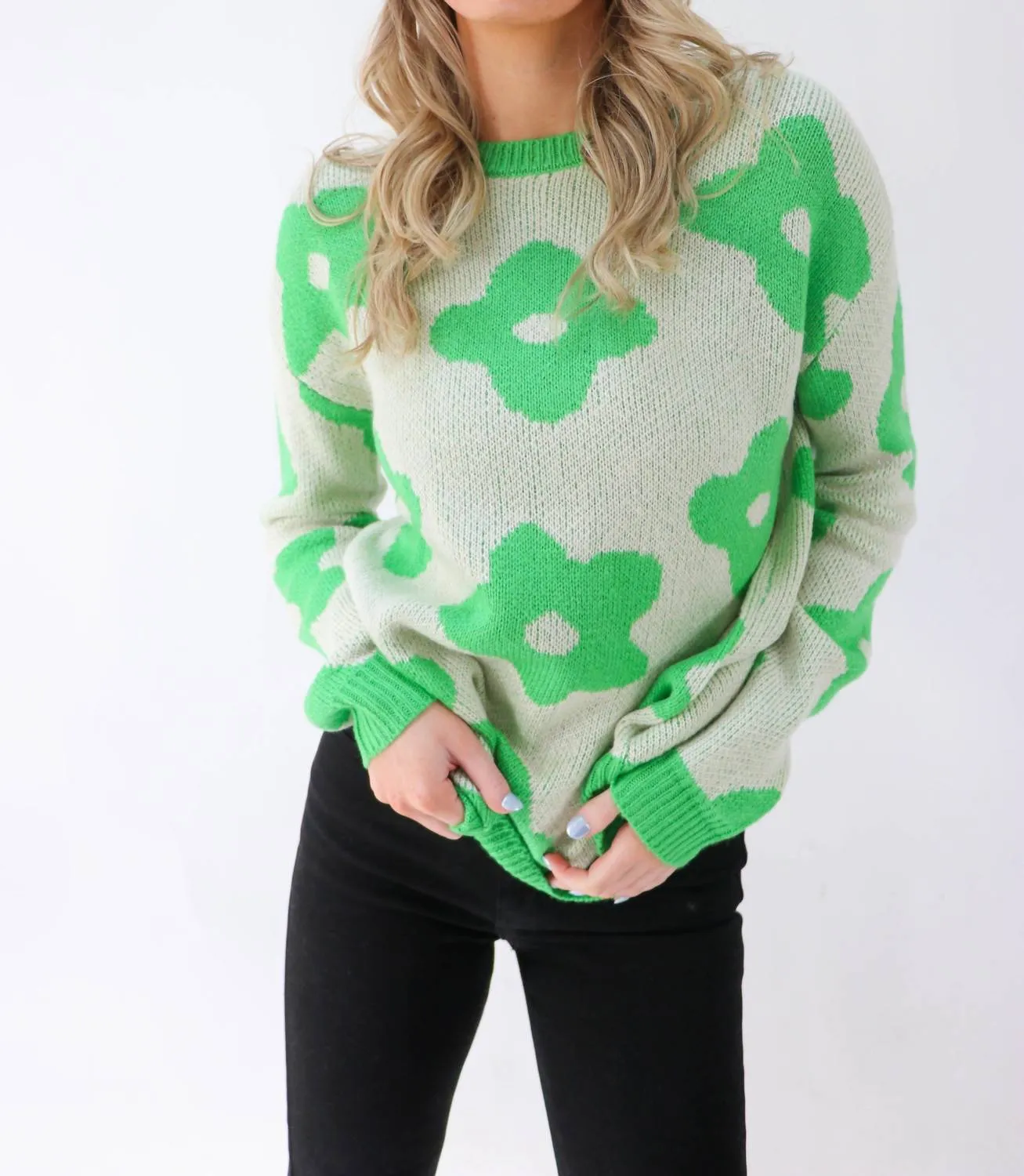 Mine Is Yours Colorblock Oversized Floral Sweater in Green