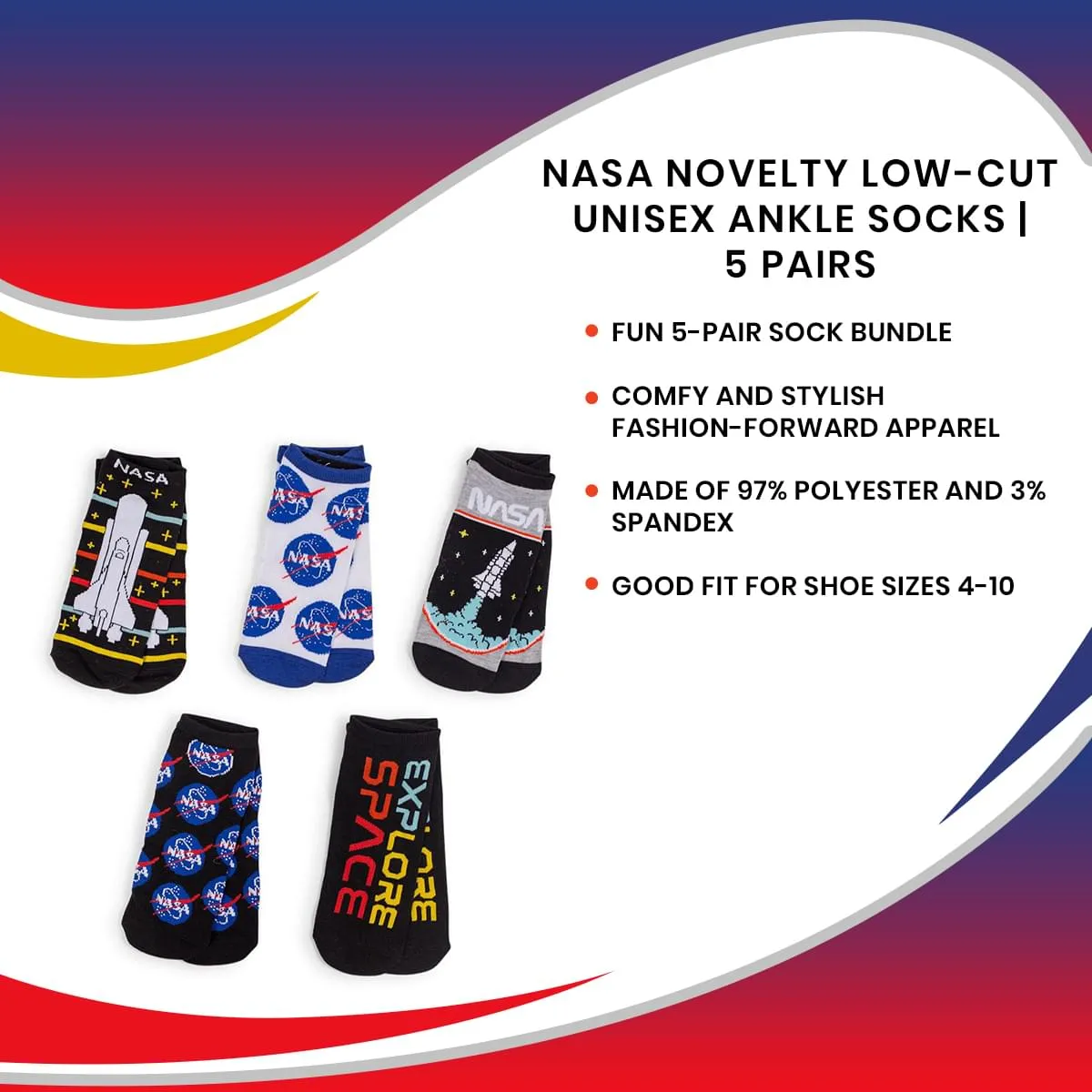 NASA Novelty Low-Cut Unisex Ankle Socks | 5 Pairs