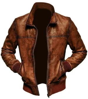 New Men's Biker Motorcycle Vintage Distressed Brown Bomber Winter Leather Jacket