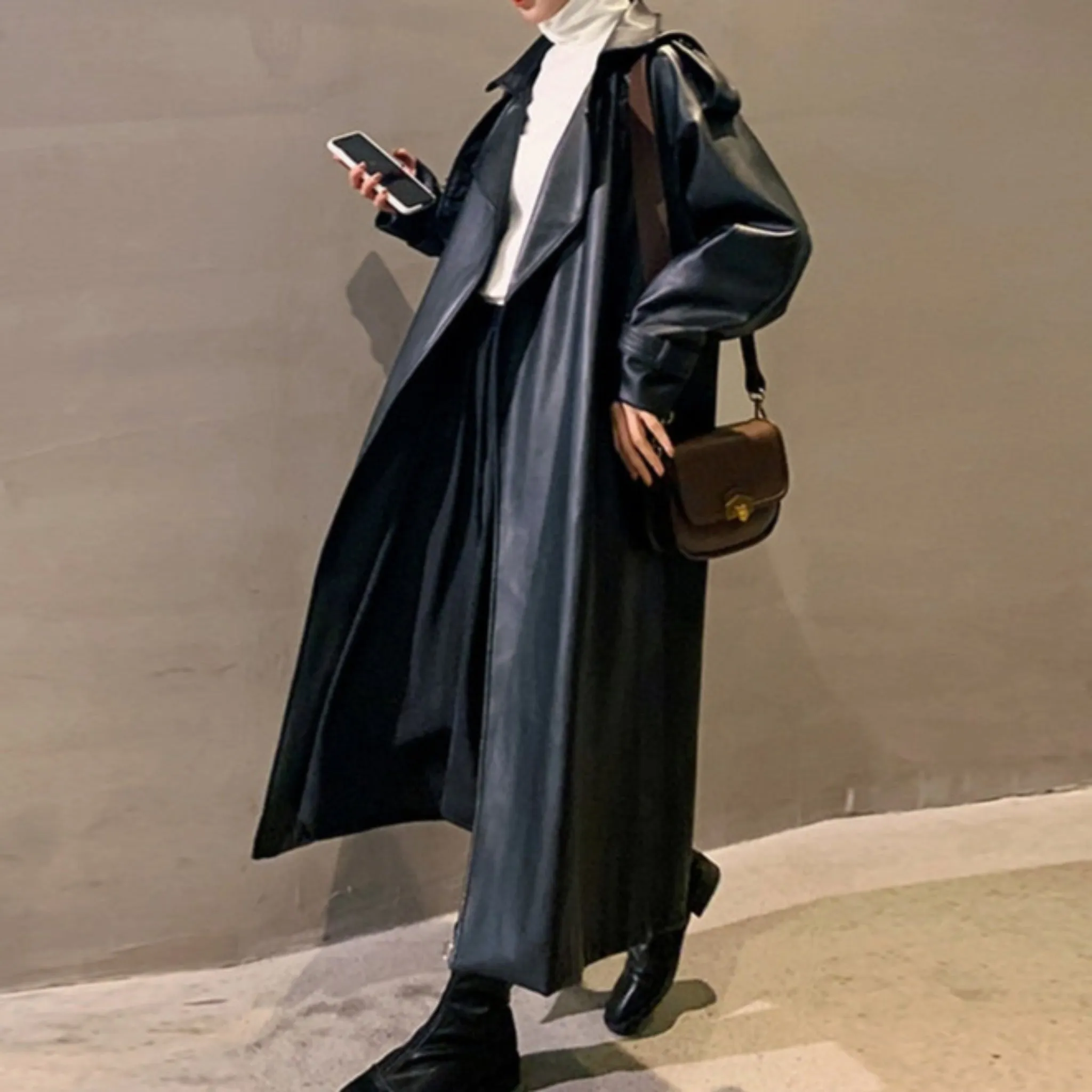 Oversized Long Waterproof Leather Trench Coat