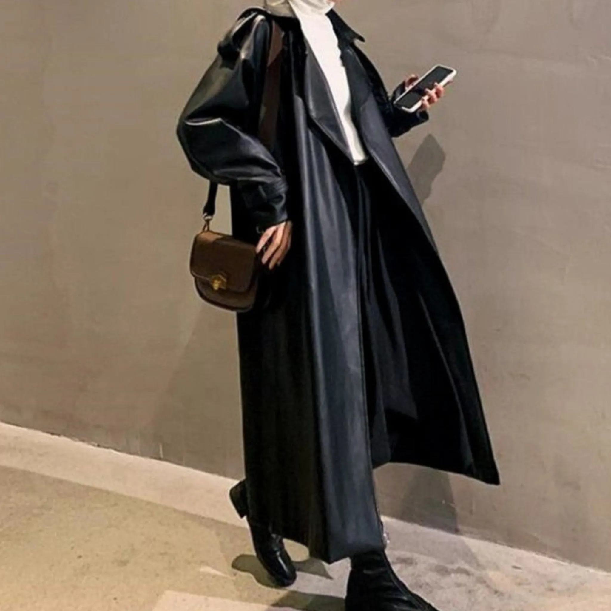 Oversized Long Waterproof Leather Trench Coat