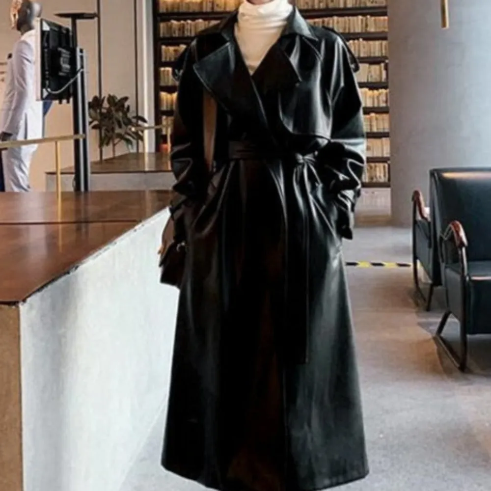 Oversized Long Waterproof Leather Trench Coat