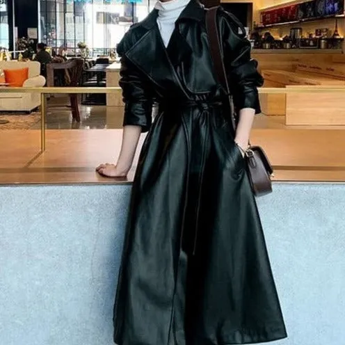 Oversized Long Waterproof Leather Trench Coat