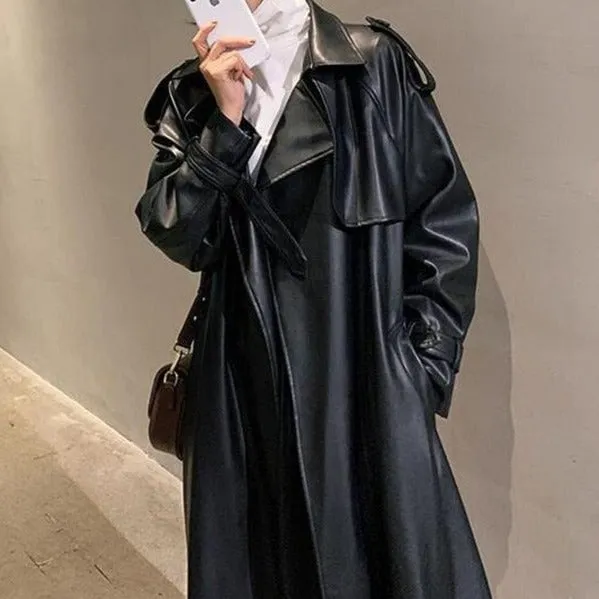 Oversized Long Waterproof Leather Trench Coat