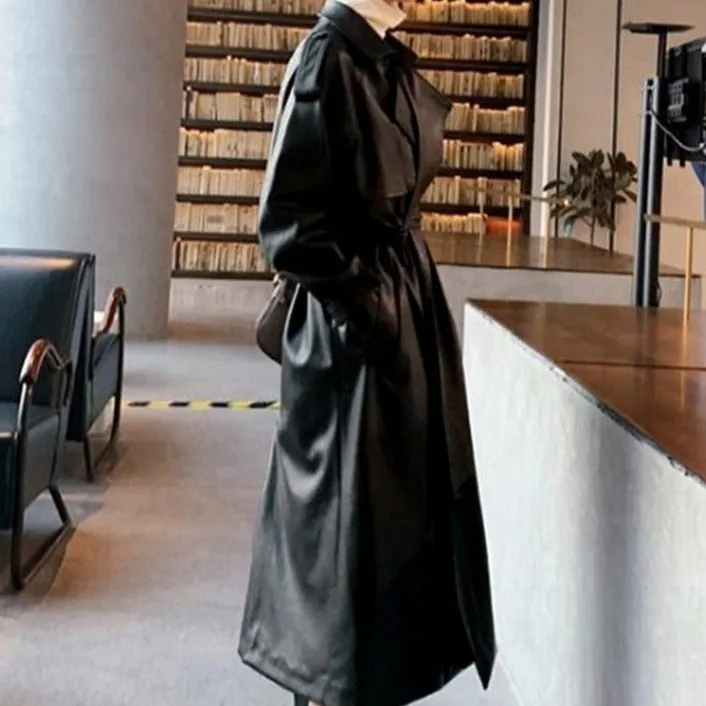 Oversized Long Waterproof Leather Trench Coat