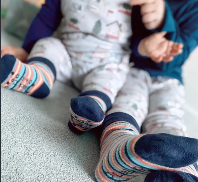 Personalised set of Multi-award winning Non-Slip Stay on Baby and Toddler Socks - Neutral Stripe- 6 months-3 years