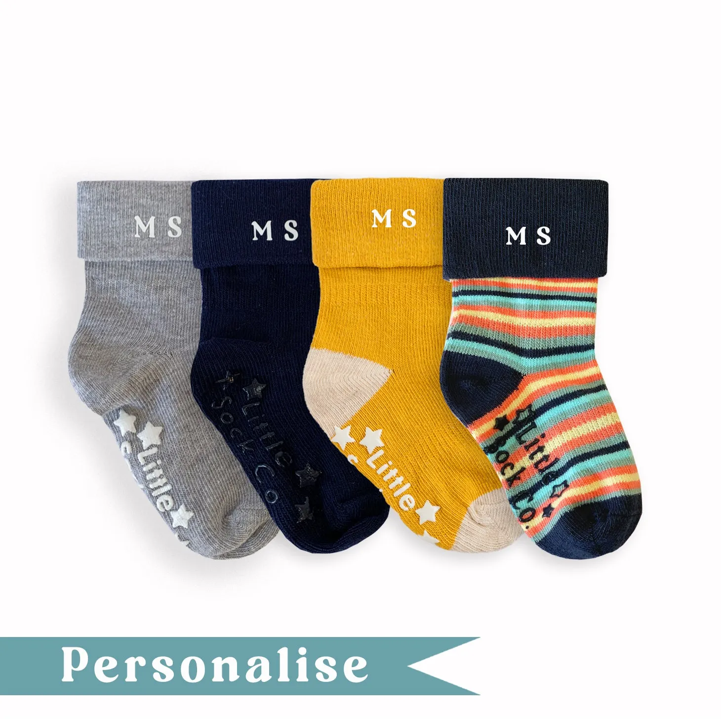 Personalised set of Multi-award winning Non-Slip Stay on Baby and Toddler Socks - Neutral Stripe- 6 months-3 years