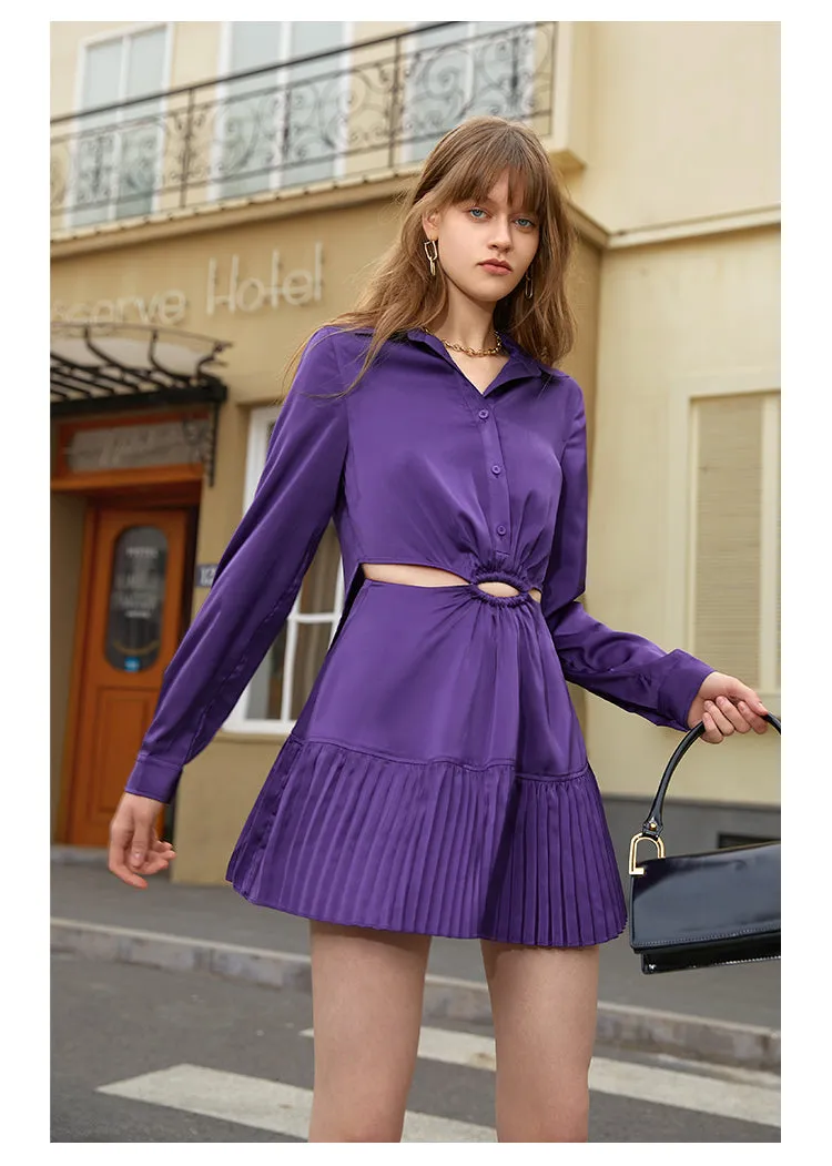 Polo collar satin long sleeve and short skirt dress- Clima