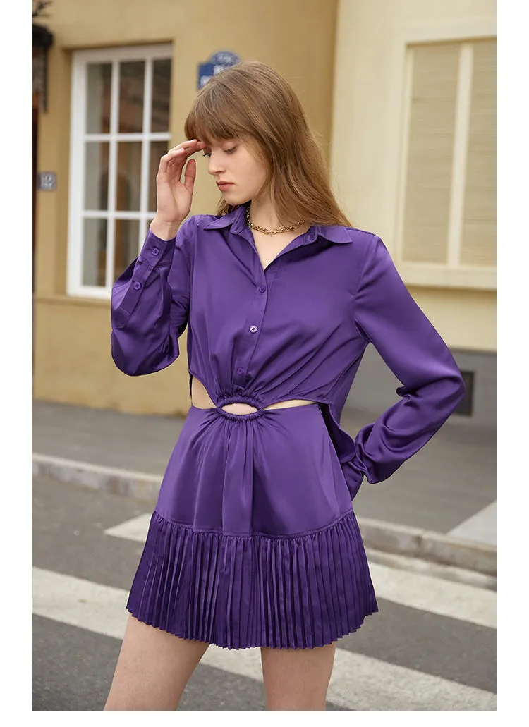 Polo collar satin long sleeve and short skirt dress- Clima