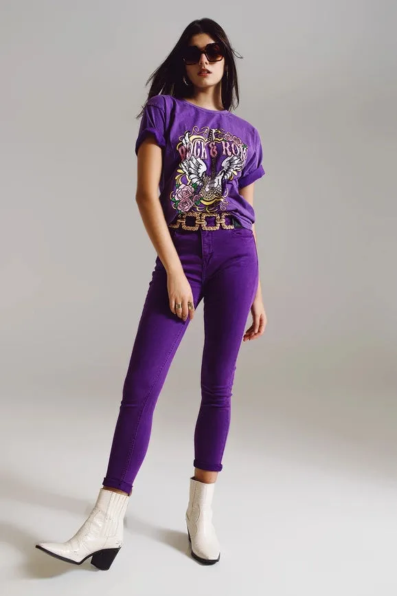 Purple Ankle Skinny Jeans with Soft Wrinkles