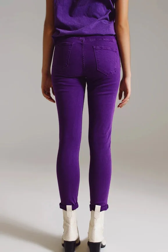 Purple Ankle Skinny Jeans with Soft Wrinkles