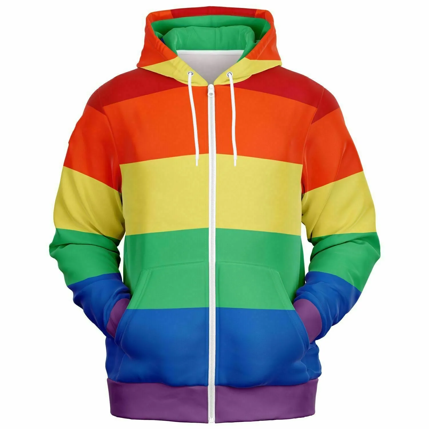 Rainbow Striped Zip Up Hoodie, Front Zipper Pocket Men Women Pride Unisex Adult Aesthetic Graphic Cotton Fleece Hooded Sweatshirt