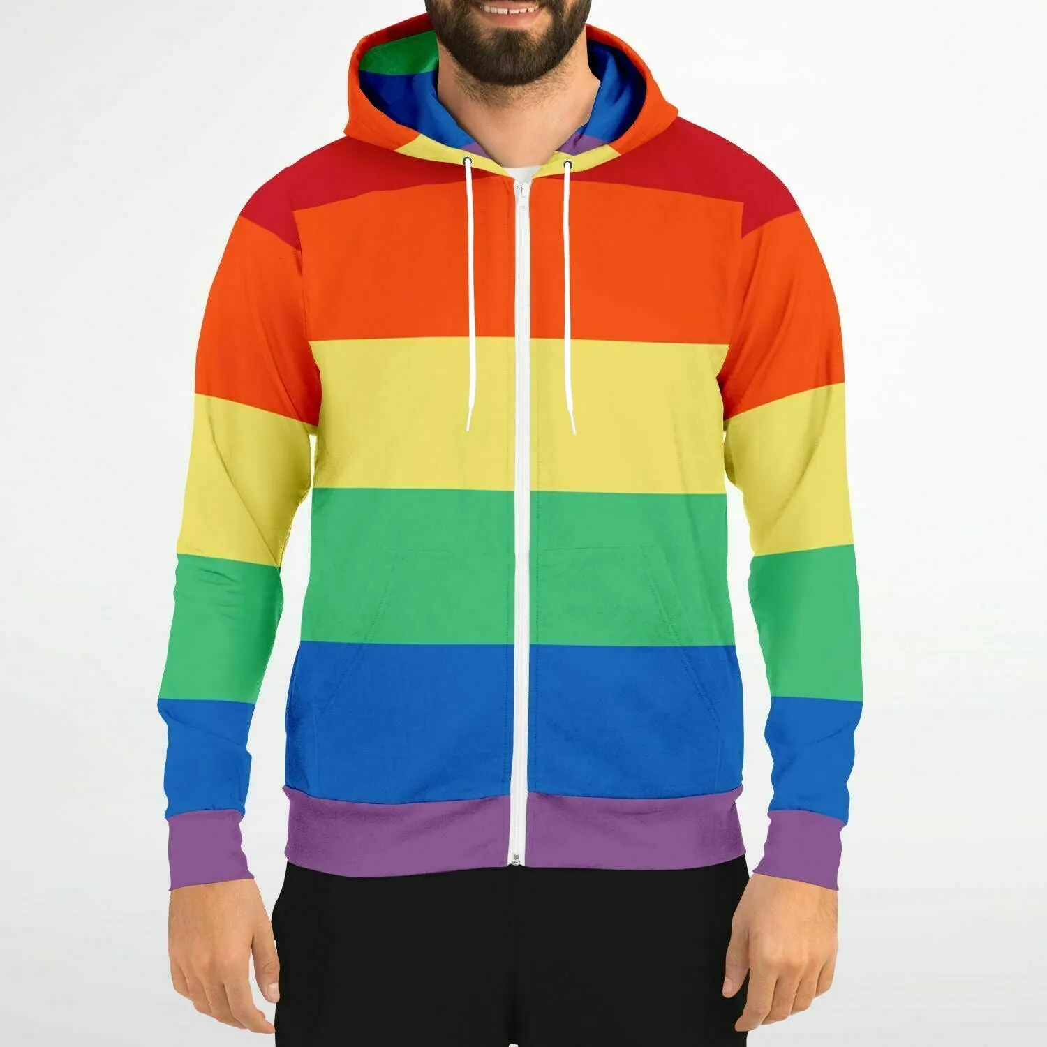 Rainbow Striped Zip Up Hoodie, Front Zipper Pocket Men Women Pride Unisex Adult Aesthetic Graphic Cotton Fleece Hooded Sweatshirt