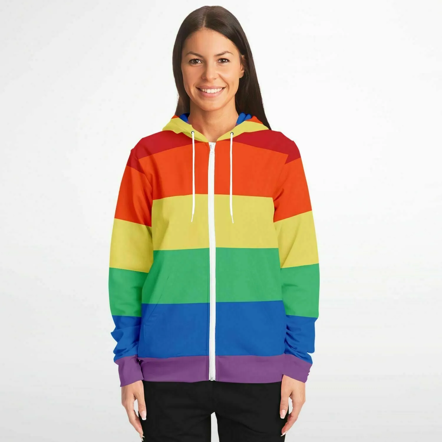 Rainbow Striped Zip Up Hoodie, Front Zipper Pocket Men Women Pride Unisex Adult Aesthetic Graphic Cotton Fleece Hooded Sweatshirt