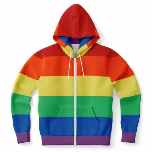 Rainbow Striped Zip Up Hoodie, Front Zipper Pocket Men Women Pride Unisex Adult Aesthetic Graphic Cotton Fleece Hooded Sweatshirt