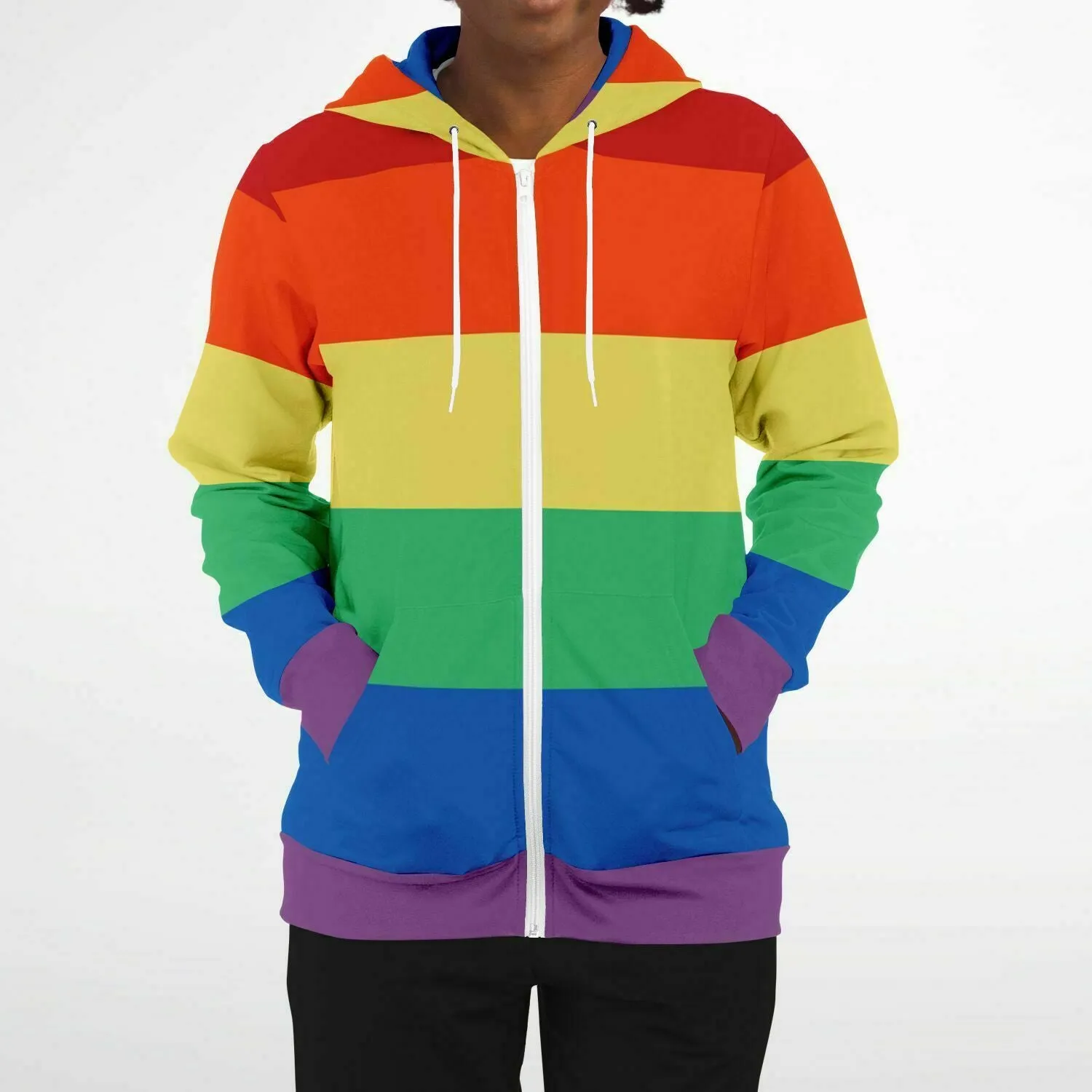 Rainbow Striped Zip Up Hoodie, Front Zipper Pocket Men Women Pride Unisex Adult Aesthetic Graphic Cotton Fleece Hooded Sweatshirt