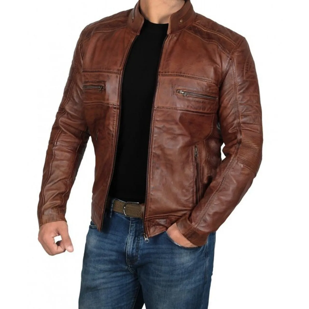 Retro Cafe Racer Brown Leather Jacket