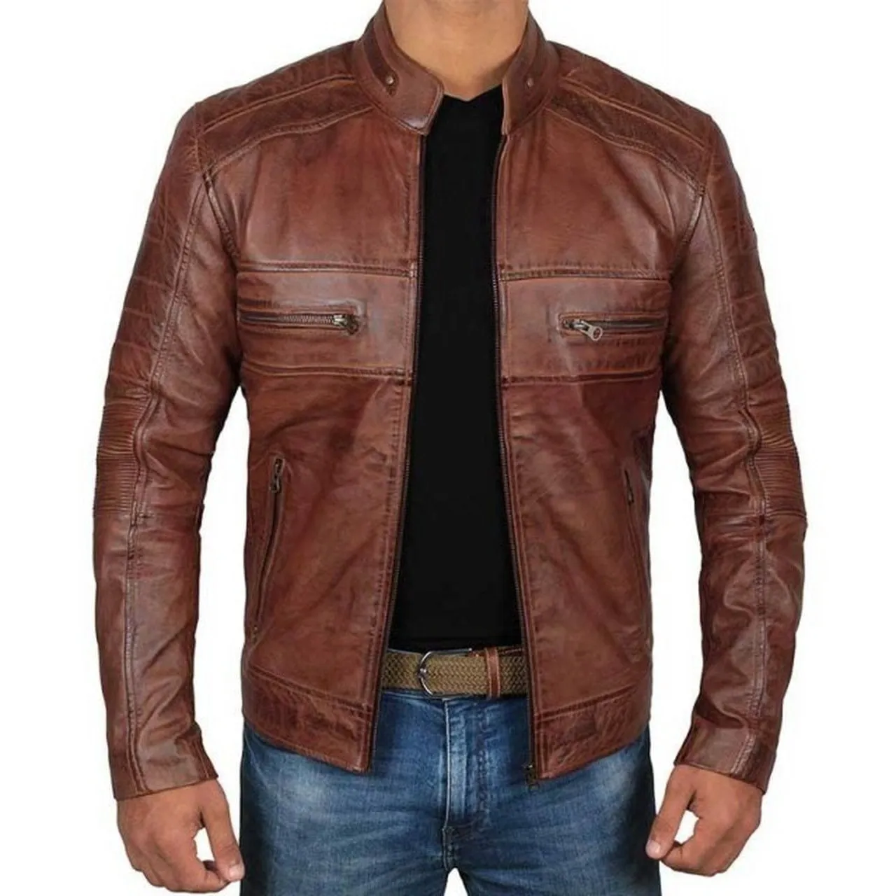 Retro Cafe Racer Brown Leather Jacket