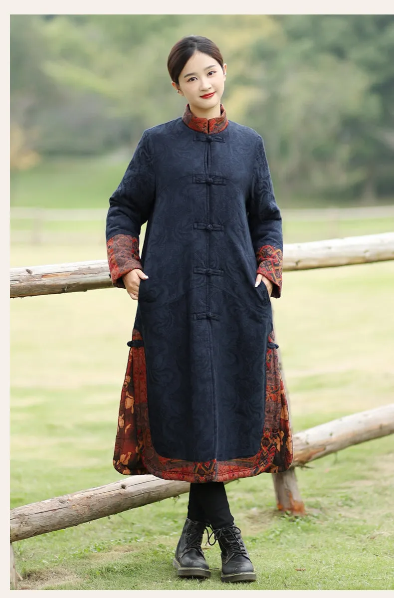 Retro Dark Blue Long Sleeve Jacquard Cotton Coat for Women