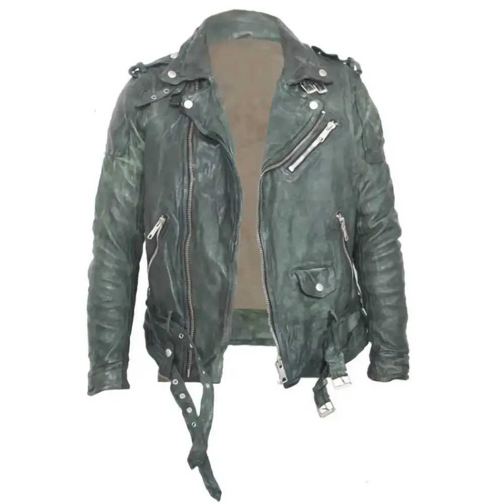 Retro Moto Biker Wrinkle Vintage Style Distressed Green Streetwear Leather Jacket Mens