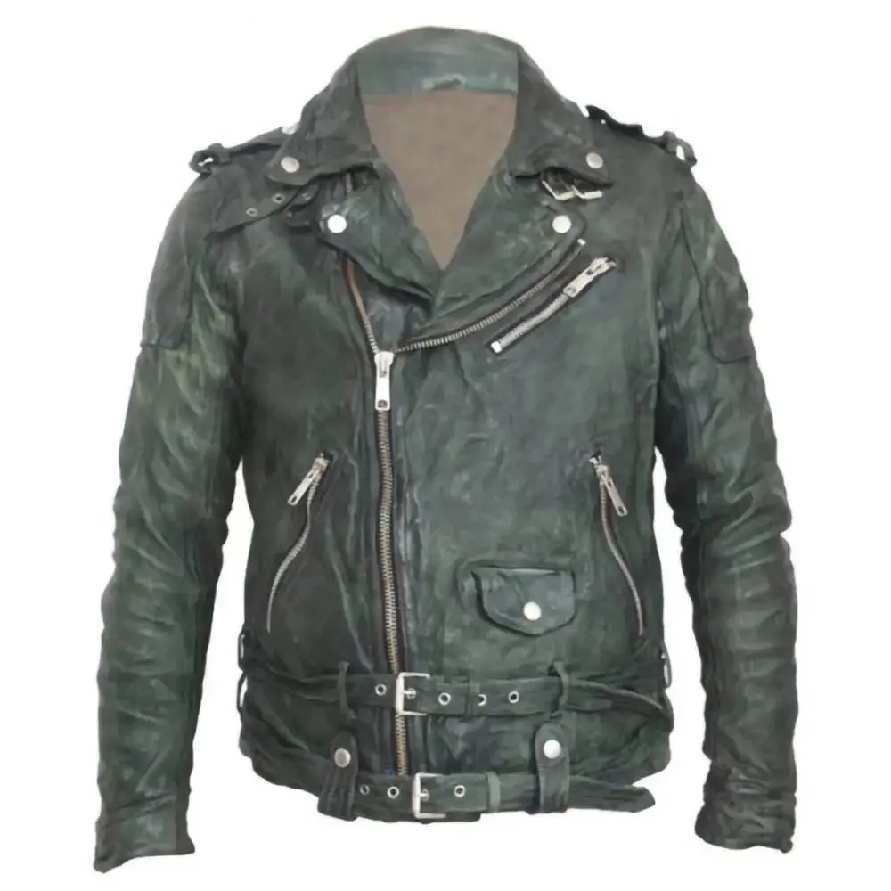 Retro Moto Biker Wrinkle Vintage Style Distressed Green Streetwear Leather Jacket Mens