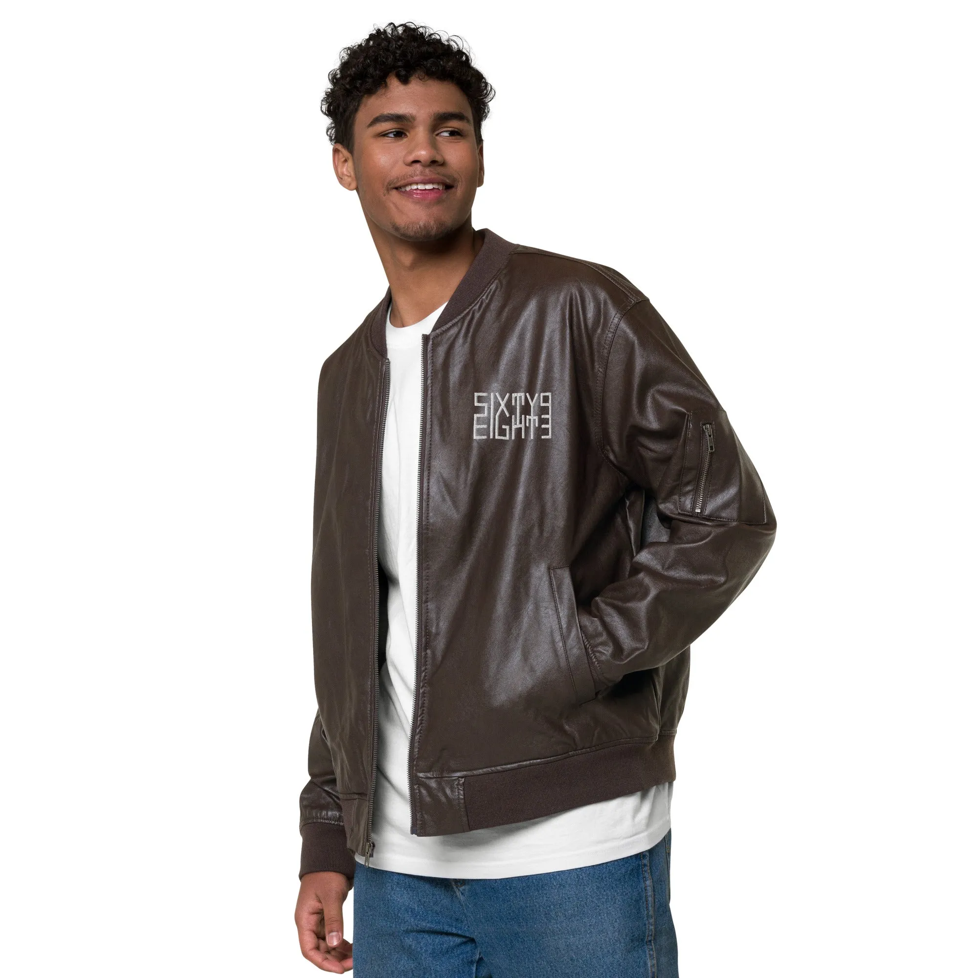 Sixty Eight 93 Logo White Leather Bomber Jacket