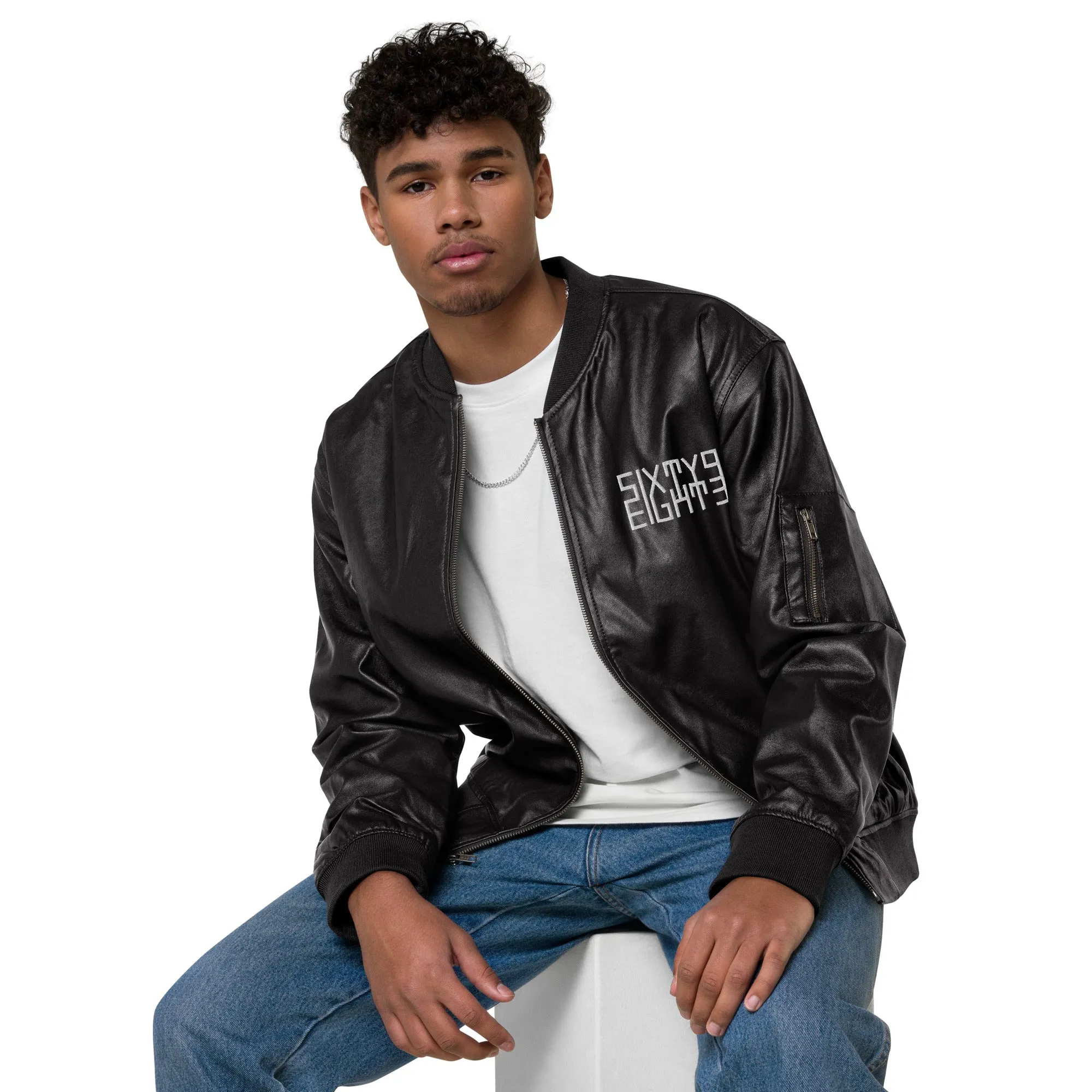 Sixty Eight 93 Logo White Leather Bomber Jacket