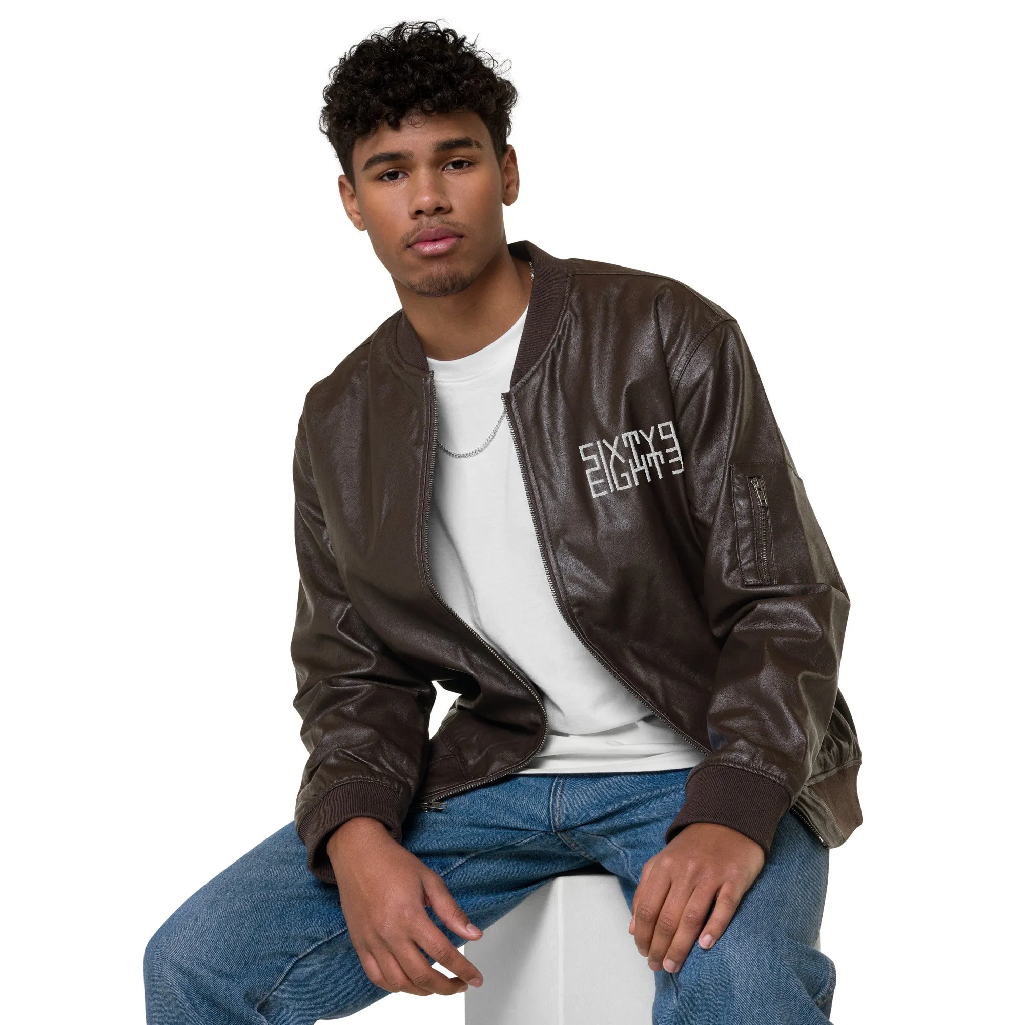 Sixty Eight 93 Logo White Leather Bomber Jacket