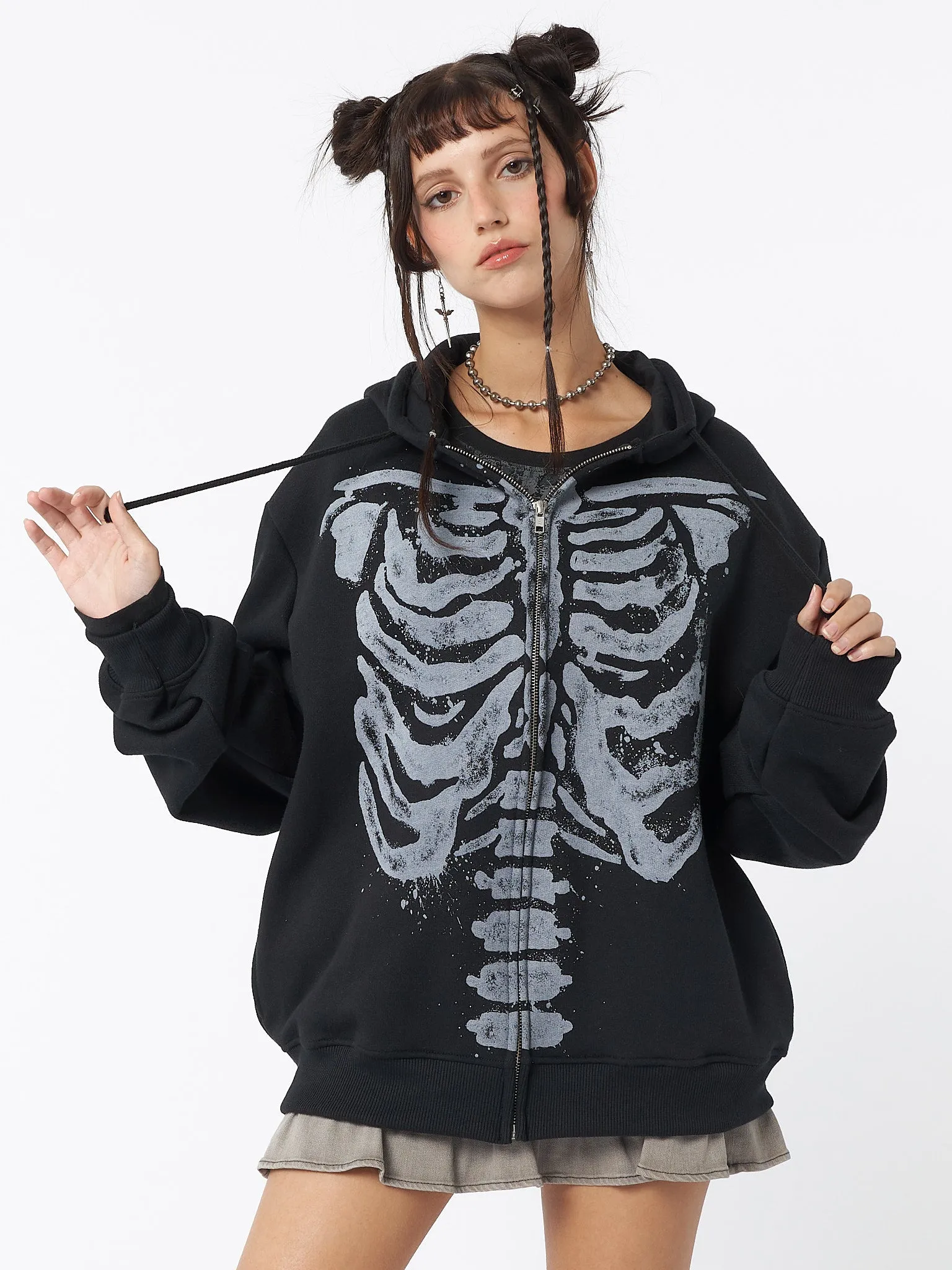 Skeleton Black Oversized Zip Up Hoodie