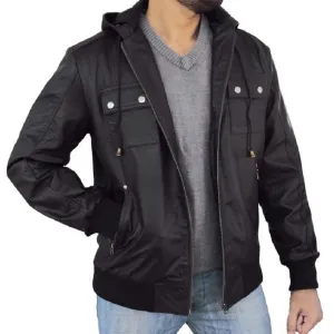 Solo Bomber Jacket With Fixed Hoodie in Black Color - Leather Jacket