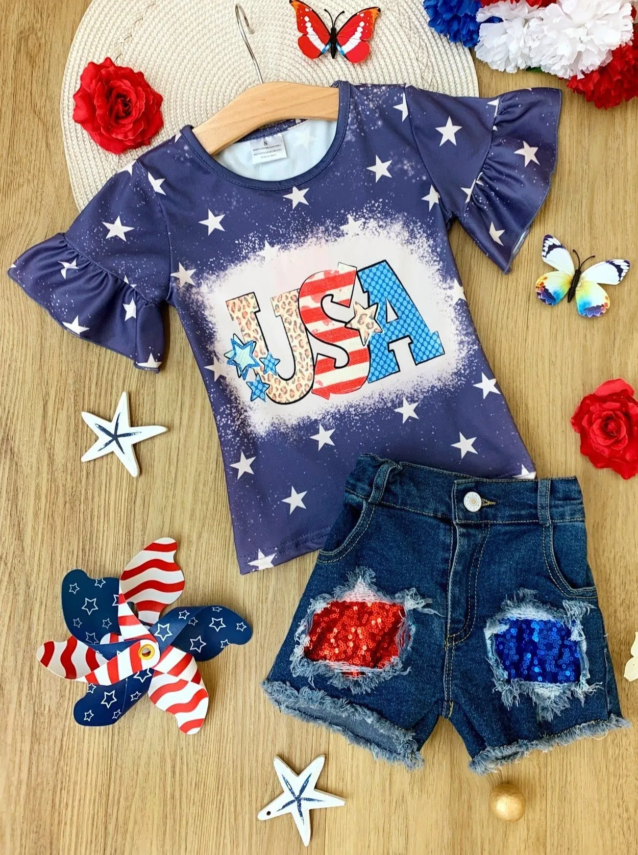 Starred USA Top and Sequin Patched Denim Short Set