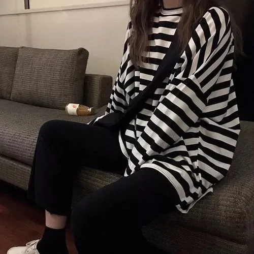 Striped Casual Long Sleeve Shirt with Oversized Fit