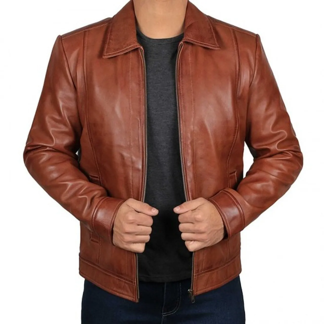 Stylish Biker Brown Leather Jacket For Men