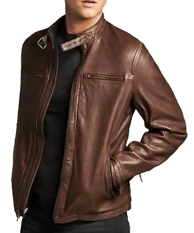 Stylish Men's Brown Leather Moto Jacket