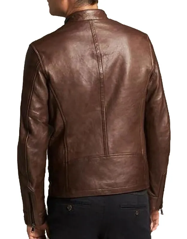 Stylish Men's Brown Leather Moto Jacket