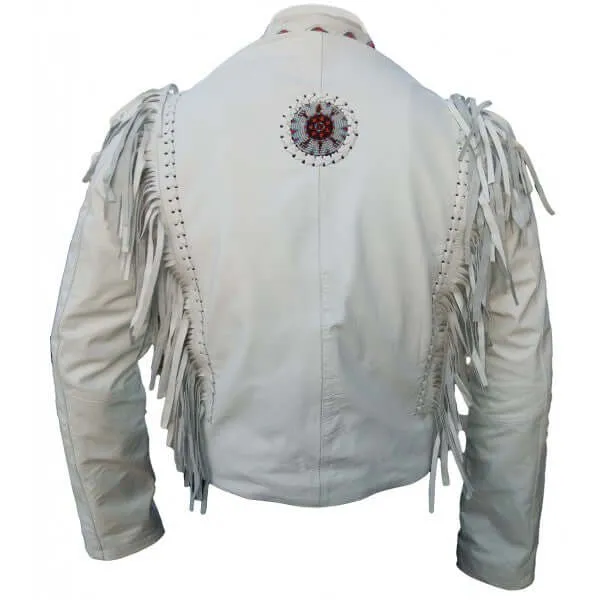 Stylish Western Women White Fringed Leather Jacket, Bone Beads & Fringe Jacket