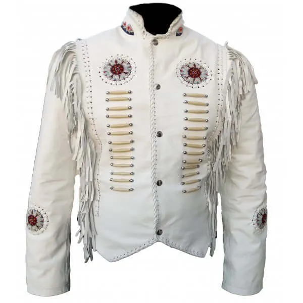 Stylish Western Women White Fringed Leather Jacket, Bone Beads & Fringe Jacket