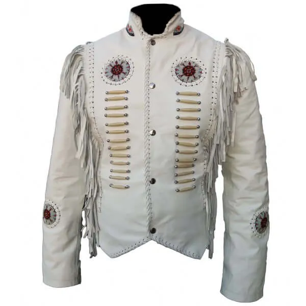 Stylish Western Women White Fringed Leather Jacket, Bone Beads & Fringe Jacket